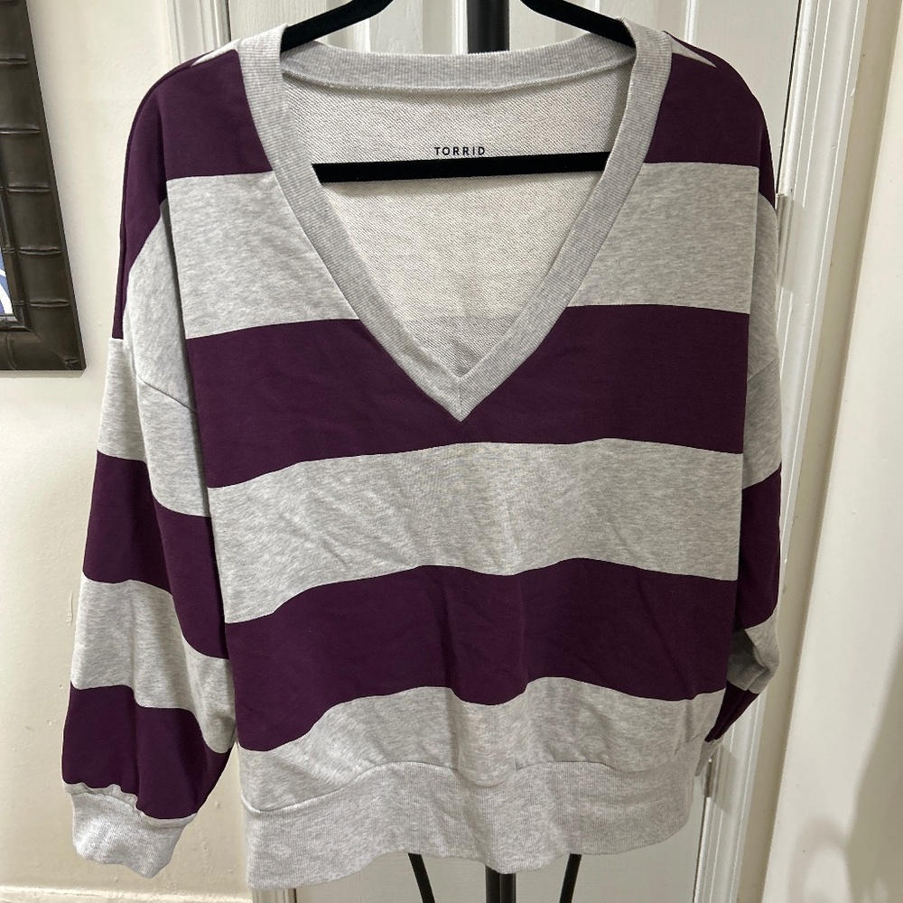 Purple and Gray Striped V-Neck Sweatshirt Size 1